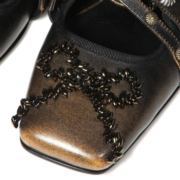 Brown Gothic Boots with Cross-Strap Design – Vintage Style Square-Toe Flats with Studded Accents for Women