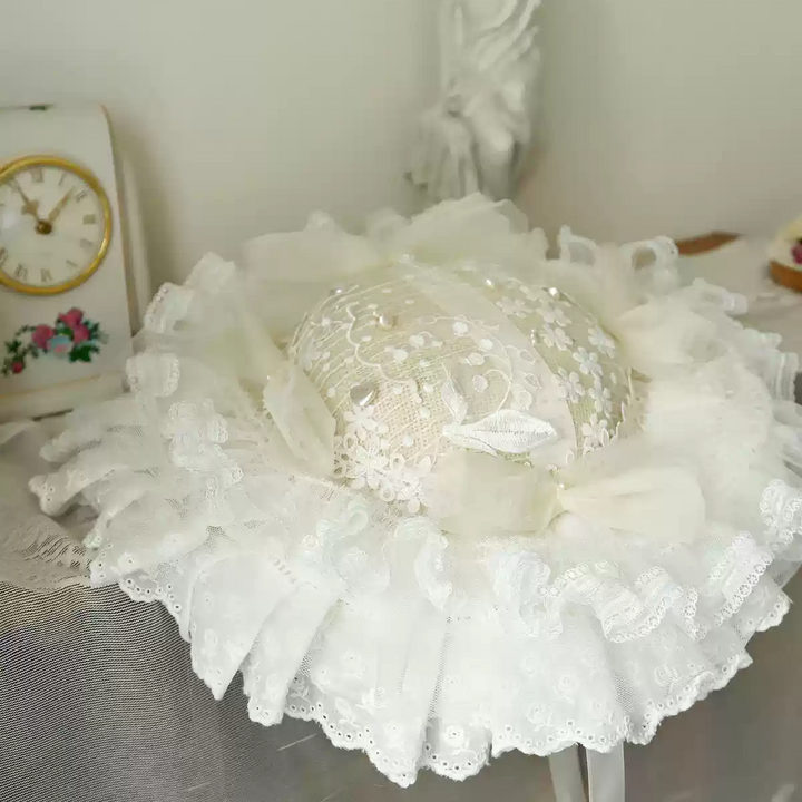 Vintage-Inspired White Lace Bonnet - Victorian Lace Hat with Ribbon Ties
