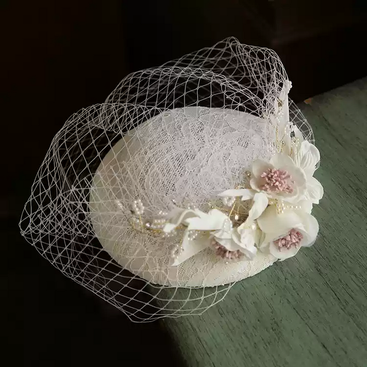 Vintage-Inspired Bridal White Fascinator Hat with Veil - White Wedding Hats