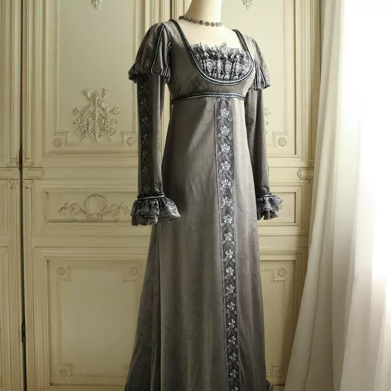 Gray Medieval-Inspired Empire Waist Gown in Grey Velvet – Long Sleeve Medieval Dress with Embroidered Trim Plus Size
