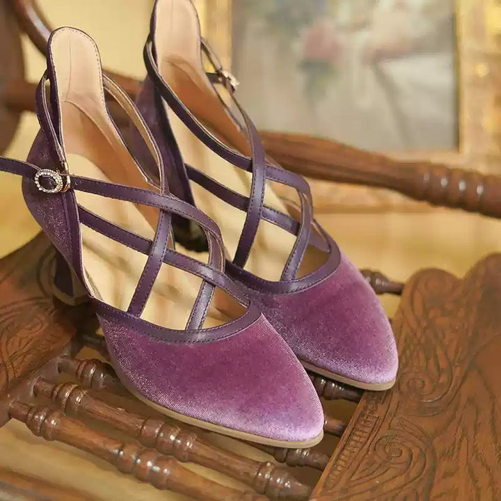 "Violet Waltz" – Handmade Velvet Cross-Strap Vintage Heeled Sandals