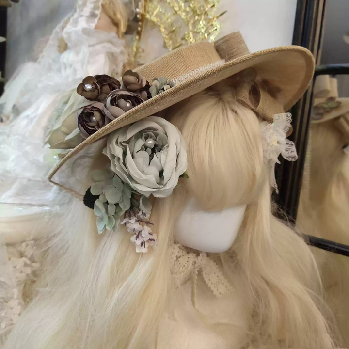Vintage-Inspired Regency Era Bonnet with Satin Ribbons and Floral Accents