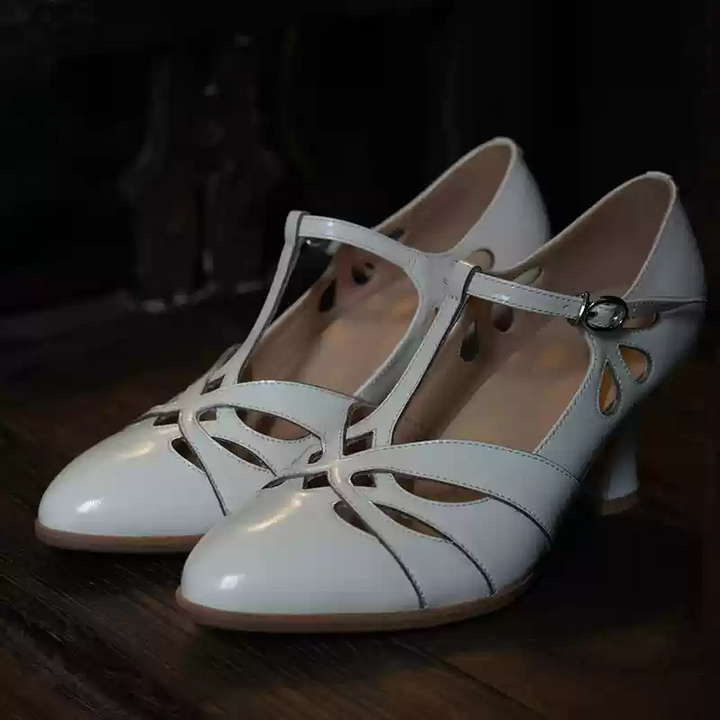 "Dancing Lights" – Handmade White Vintage Leather T-Strap Heels