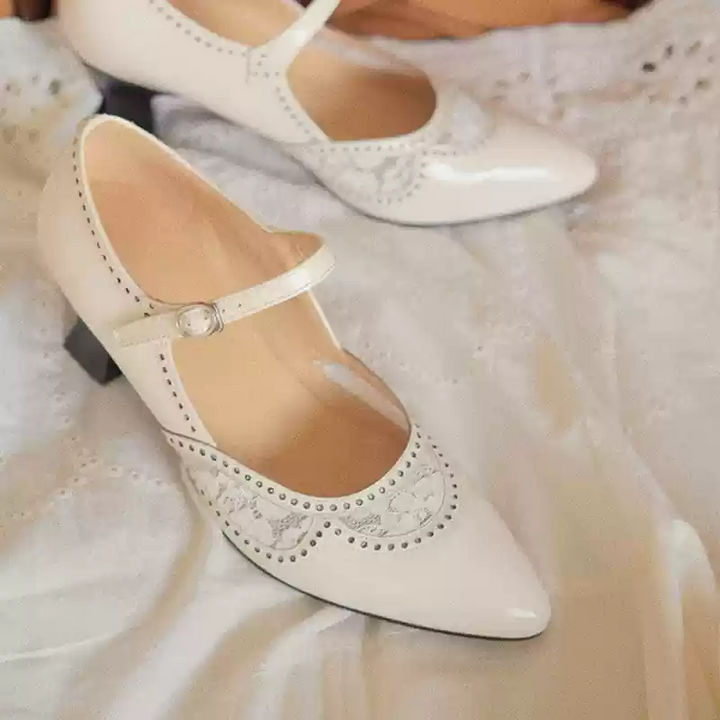 “Whispering Lace” – Handmade Vintage Mary Jane Shoes in Cowhide Leather with Embroidered Cutouts