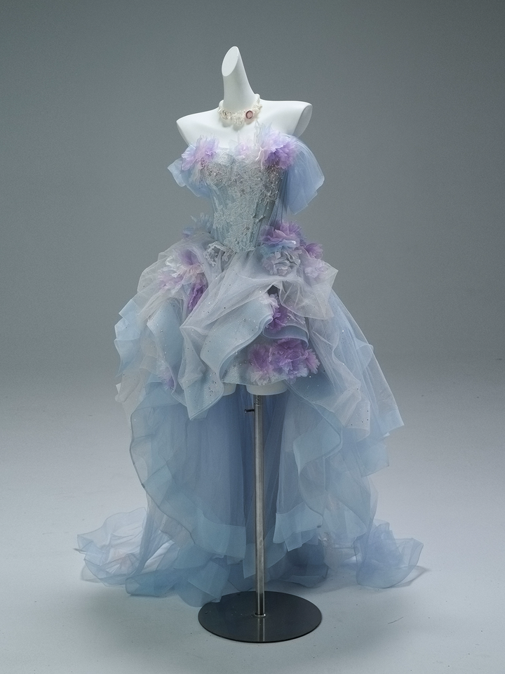 Blue and Purple High Low Dress with Floral Appliqué and Tulle – Strapless Evening Dress with Corset Back Plus Size