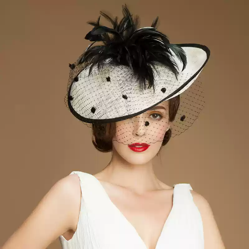 Elegant White and Black Fascinator Hat - Black and White Hat with Feather and Veil