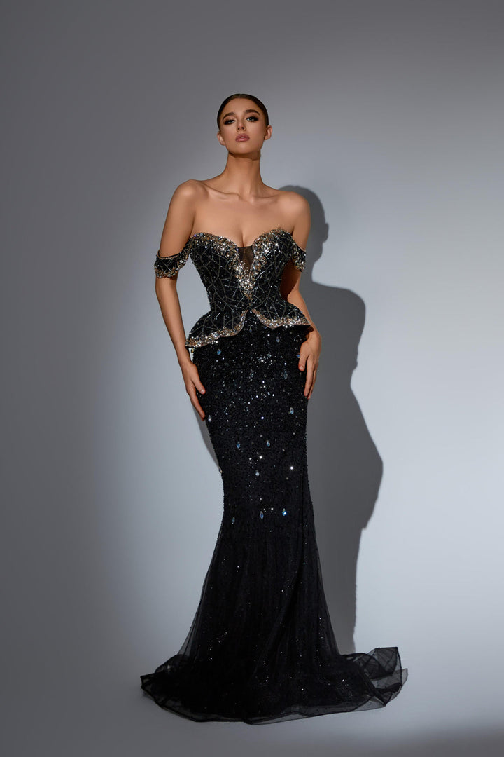 Oilver Green Sequin Evening Dress with Off Shoulder Bodice – Sparkly Mermaid Evening Gown with Peplum Detail Plus Size
