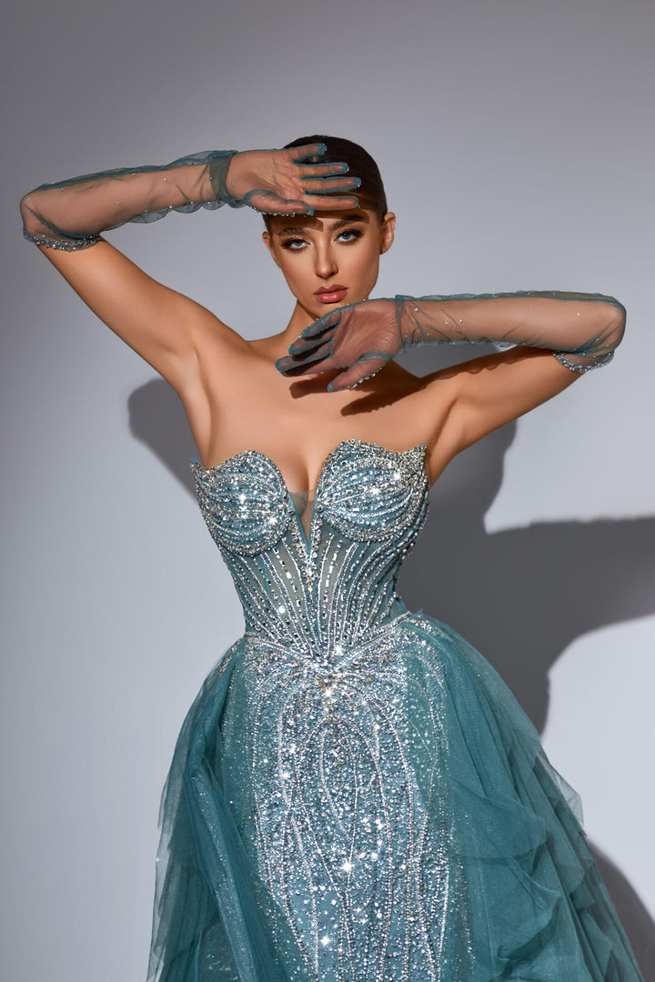 Champagne Sequin Dress with Strapless Bodice and Overskirt – Strapless Glitter Dress with Tulle Plus Size