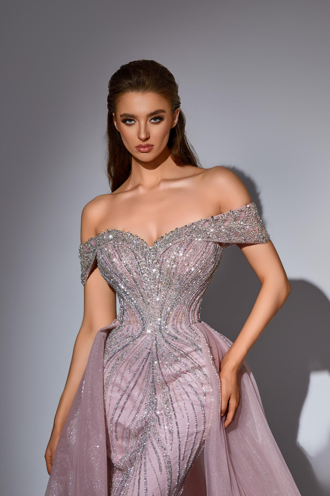 Champagne Sequin Dress with Off Shoulder Bodice and Overskirt – Sequin Ball Gown Plus Size