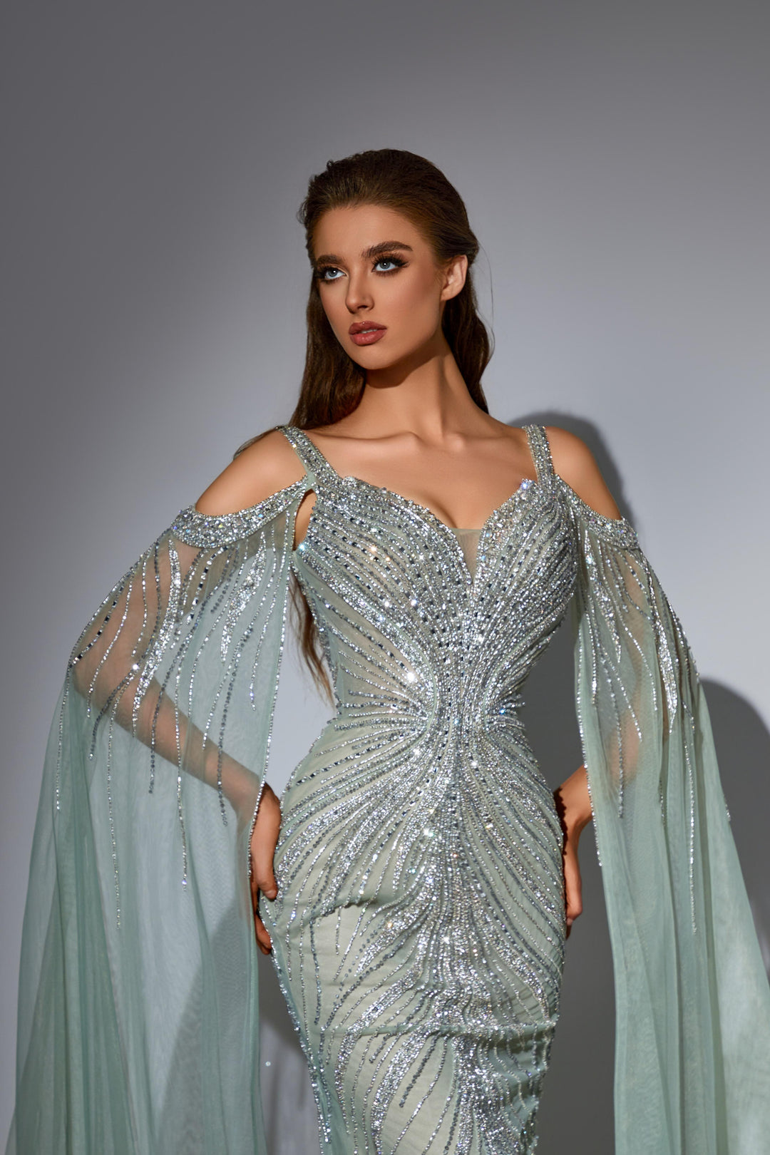 White Embellished Gown with Beaded Bodice and Cape – Glitter Maxi Dress Plus Size