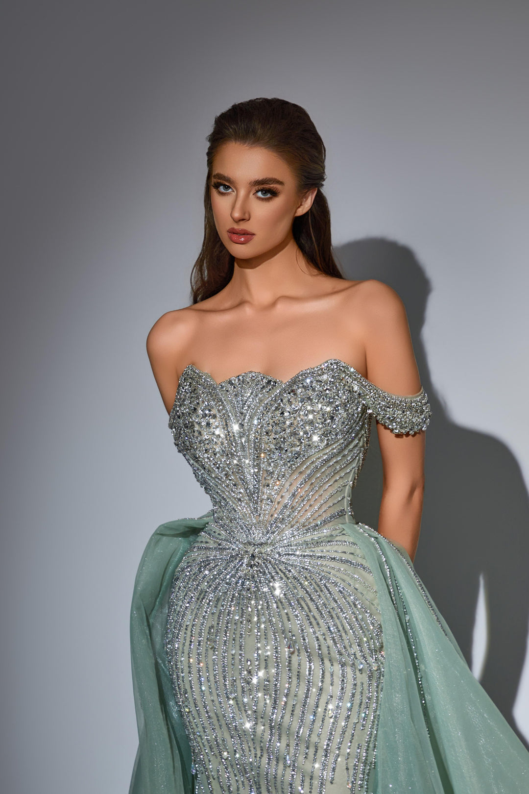 Champagne Glitter Sequin Dress with Off Shoulder Bodice – Embellished Gown with Tulle Overskirt Plus Size