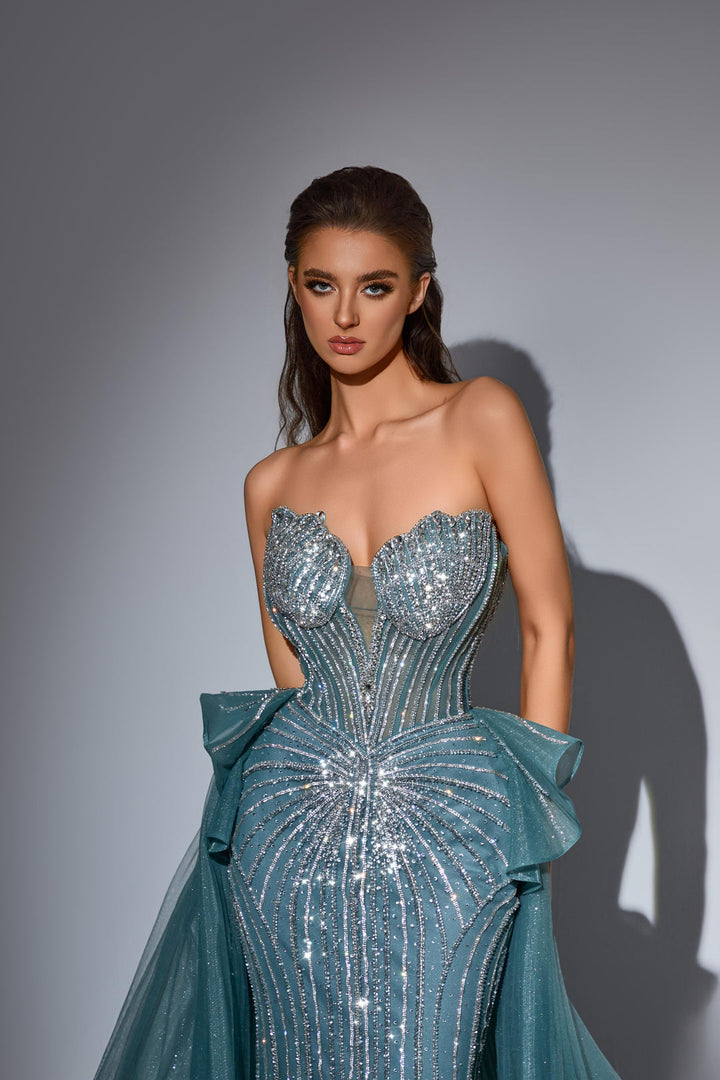 Champagne Sequin Dress with Corset Bodice – Strapless Glitter Dress with Overskirt and Tulle Plus Size