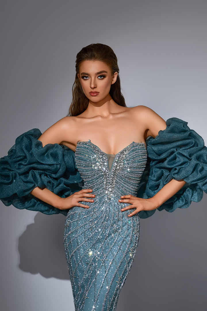 Grey Sequin Dress with Strapless Bodice and Ruffled Sleeves – Glitter Maxi Dress with V-Neck Plus Size