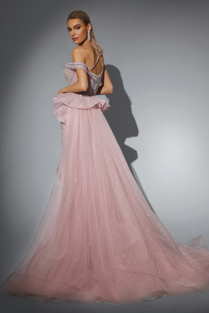 Pink Glitter Dress with Off-Shoulder Design - Designer Sequin Gown with Flowing Tulle Skirt - Pink Sequin Dress Plus Size