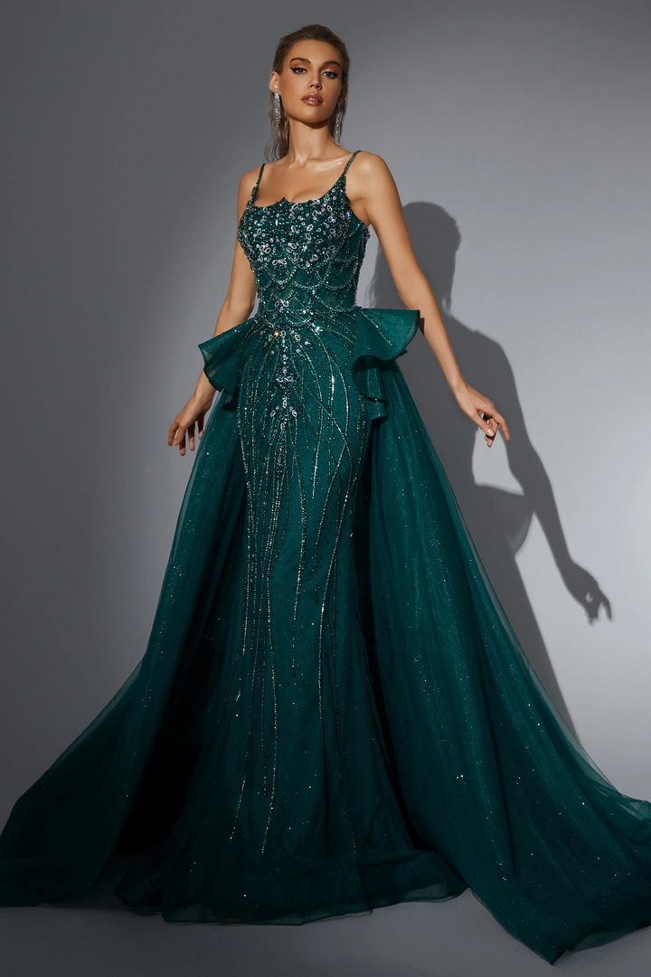 Gothic Emerald Green Sequin Ball Gown with Layered Tulle Skirt - Pretty Sequin Dress - Designer Sequin Gown Plus Size