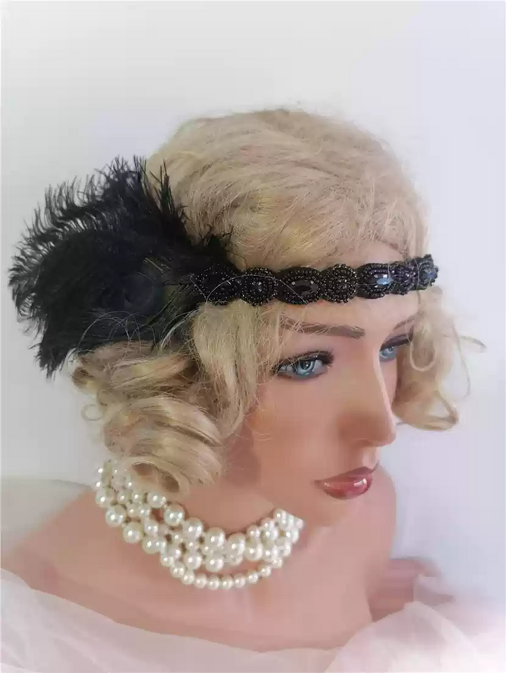 Vintage-Inspired 1920s Flapper Headband with Feather and Jewel Accents