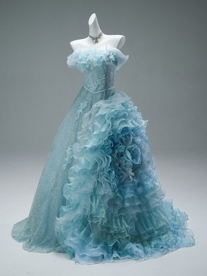 Blue Strapless Layered Tulle Ruffle Dress with Floral Appliqué – Sparkly Sequin Evening Dress with Corset Plus Size