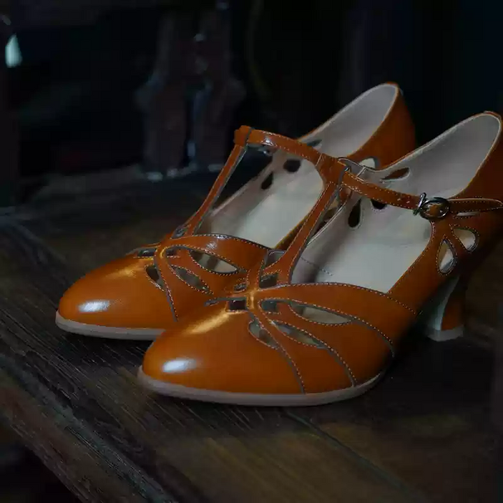 "Dancing Lights" – Handmade White Vintage Leather T-Strap Heels