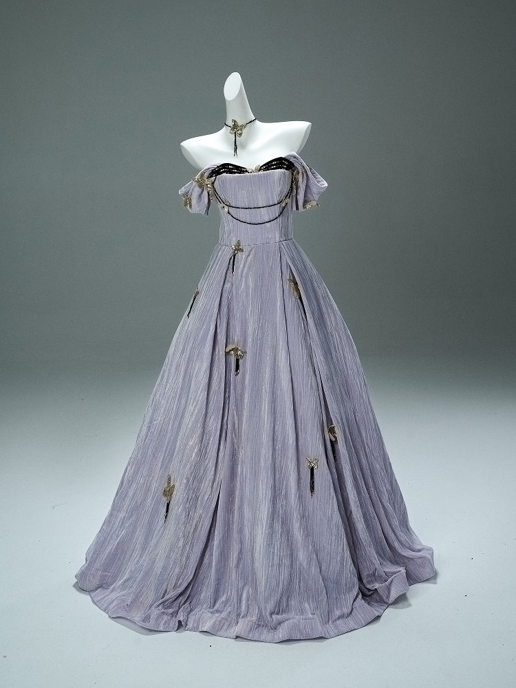 Lavender Purple Evening Dress with Butterfly Appliqué – Velvet Evening Gown with Corset Back and Matching Choker Plus Size