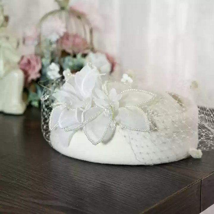 Vintage Inspired Black Pillbox Hat with Beaded Flower and Veil