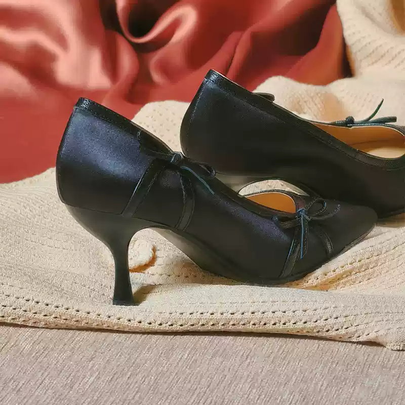 "Moonlight Muse" – Handmade Vintage Satin High Heels with Bow Detail