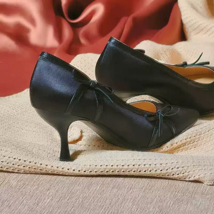 "Moonlight Muse" – Handmade Vintage Satin High Heels with Bow Detail