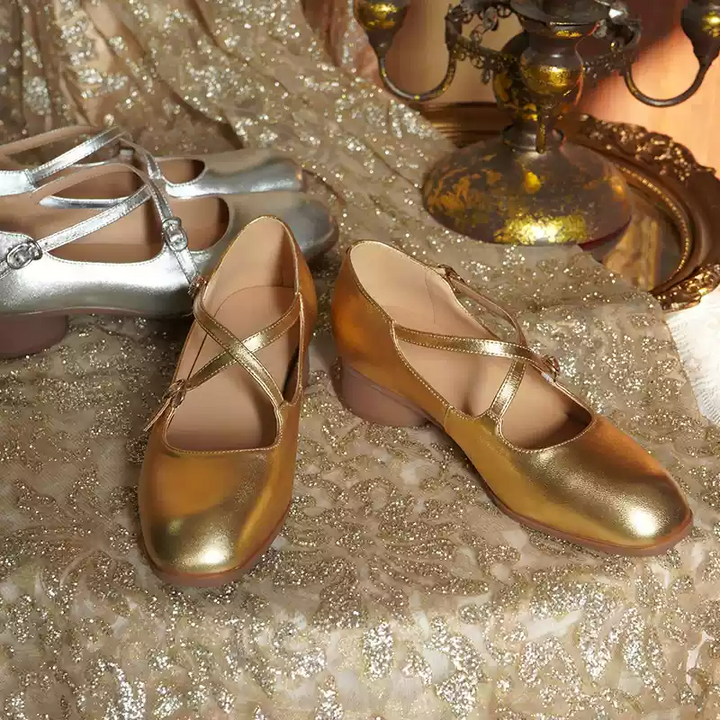 "Moonlit Waltz" – Handmade Vintage Silver Leather Mary Jane Flats