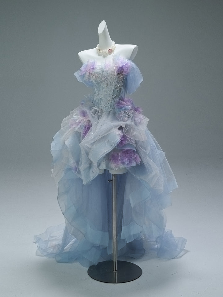 Blue and Purple High Low Dress with Floral Appliqué and Tulle – Strapless Evening Dress with Corset Back Plus Size