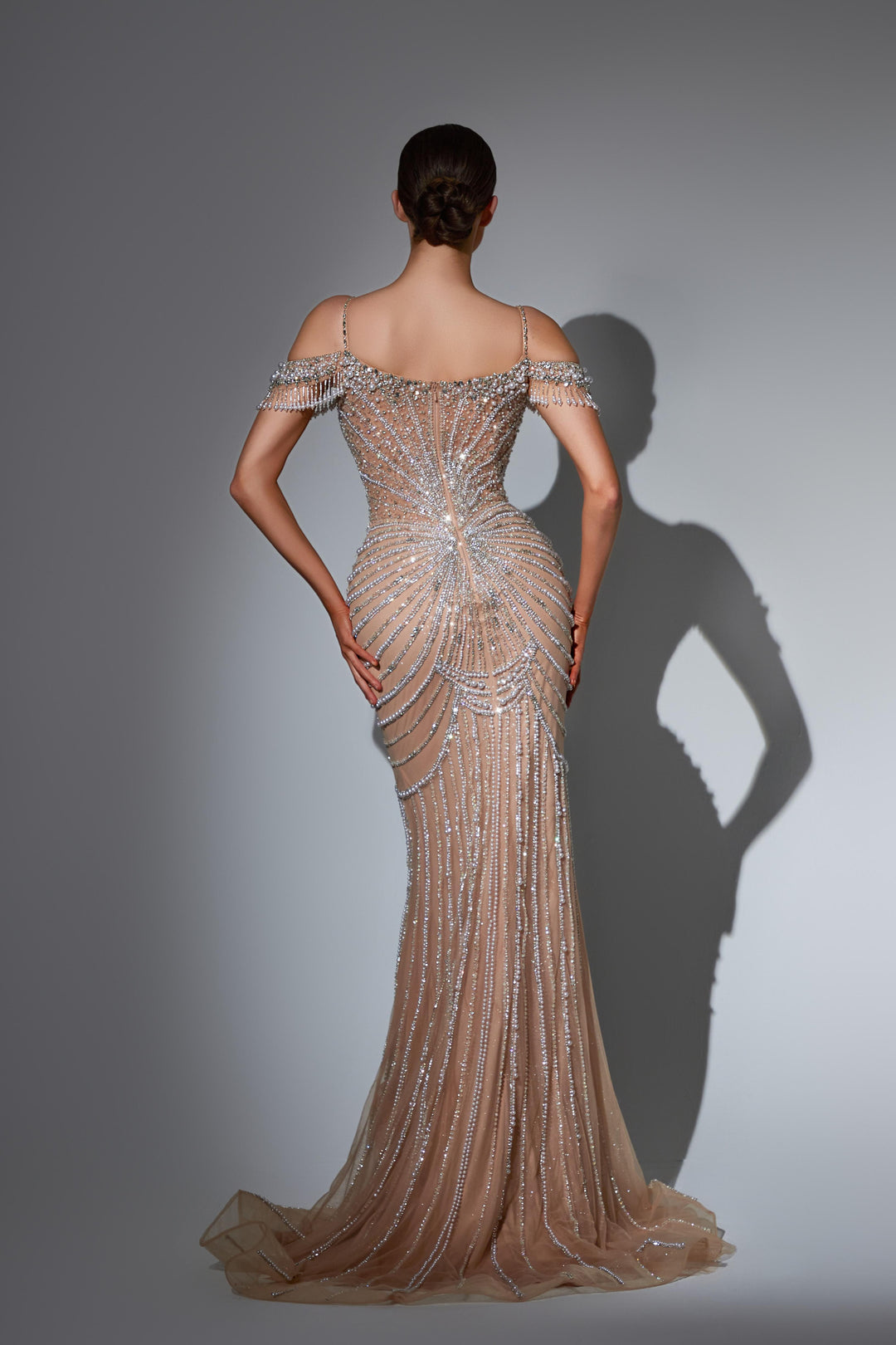Pink Sequin Dress with Pearl Embellished Bodice and Cold Shoulder Sleeves – Embellished Gown Plus Size