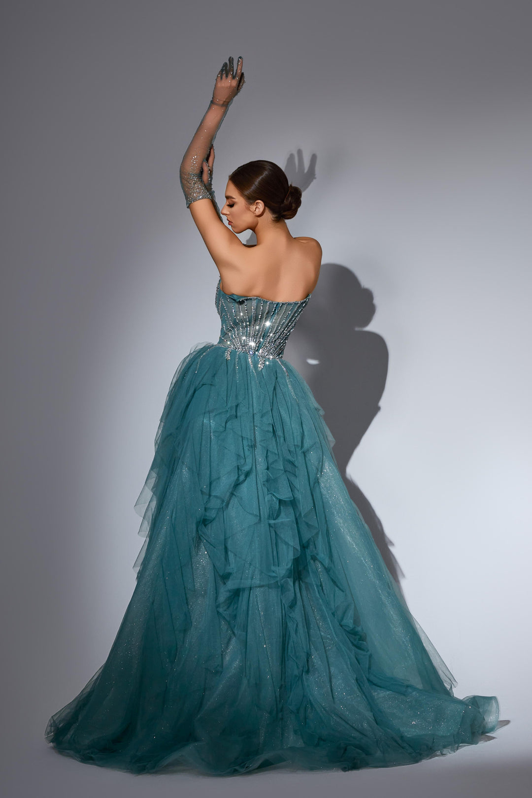 Champagne Sequin Dress with Strapless Bodice and Overskirt – Strapless Glitter Dress with Tulle Plus Size