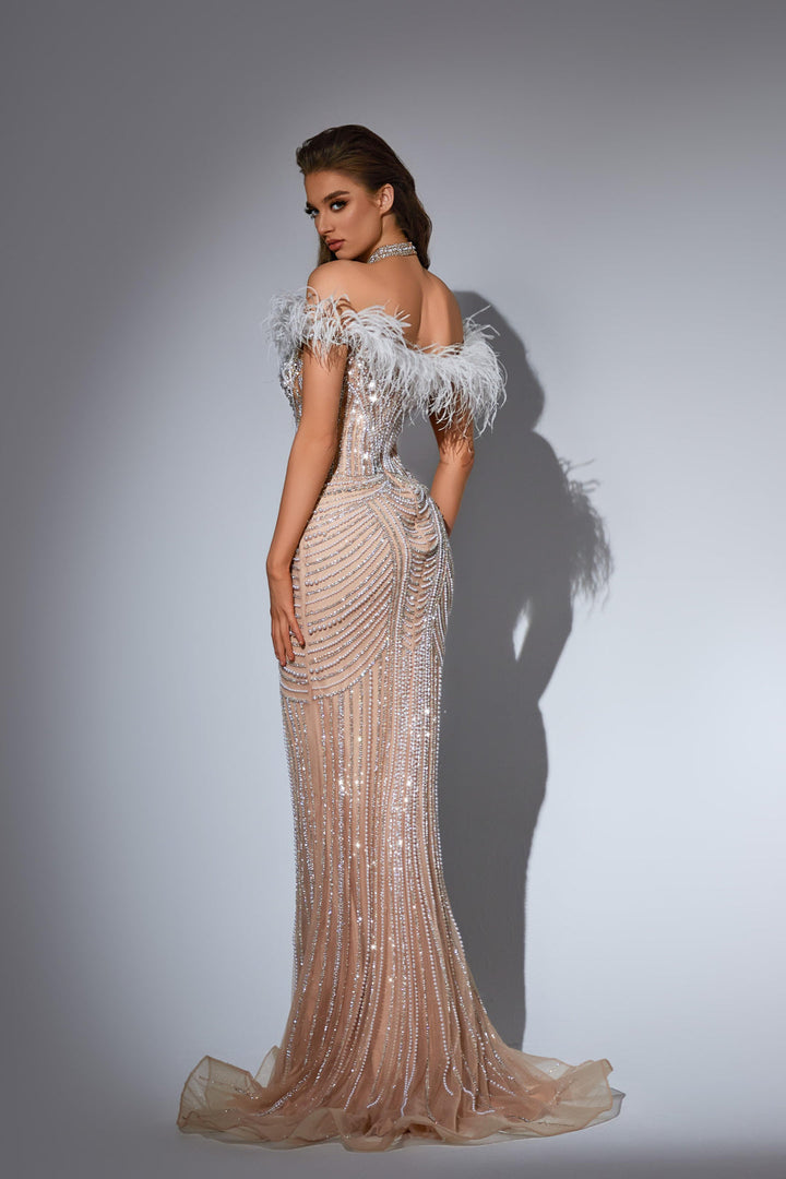 Purple Sequin Dress with Feather Shoulders and Pearl Embellished Bodice – Sequin and Feather Dress Plus Size