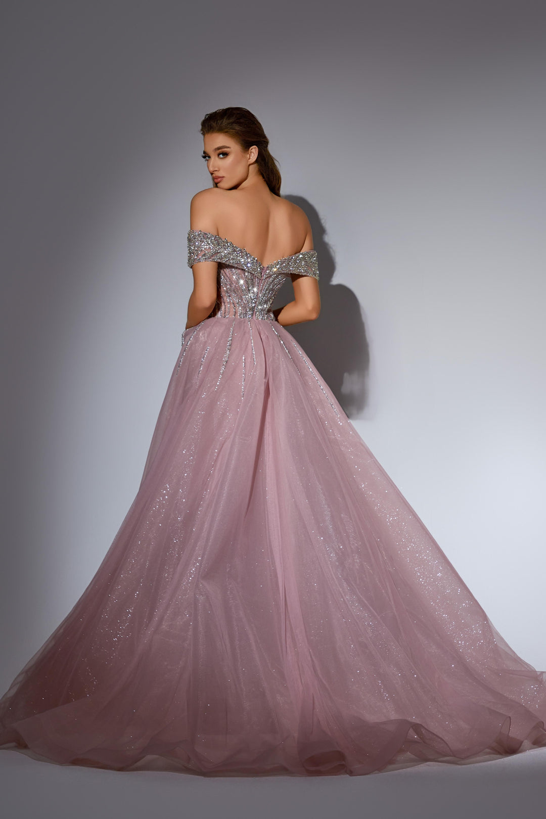 Champagne Sequin Dress with Off Shoulder Bodice and Overskirt – Sequin Ball Gown Plus Size