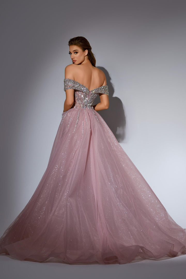 Champagne Sequin Dress with Off Shoulder Bodice and Overskirt – Sequin Ball Gown Plus Size