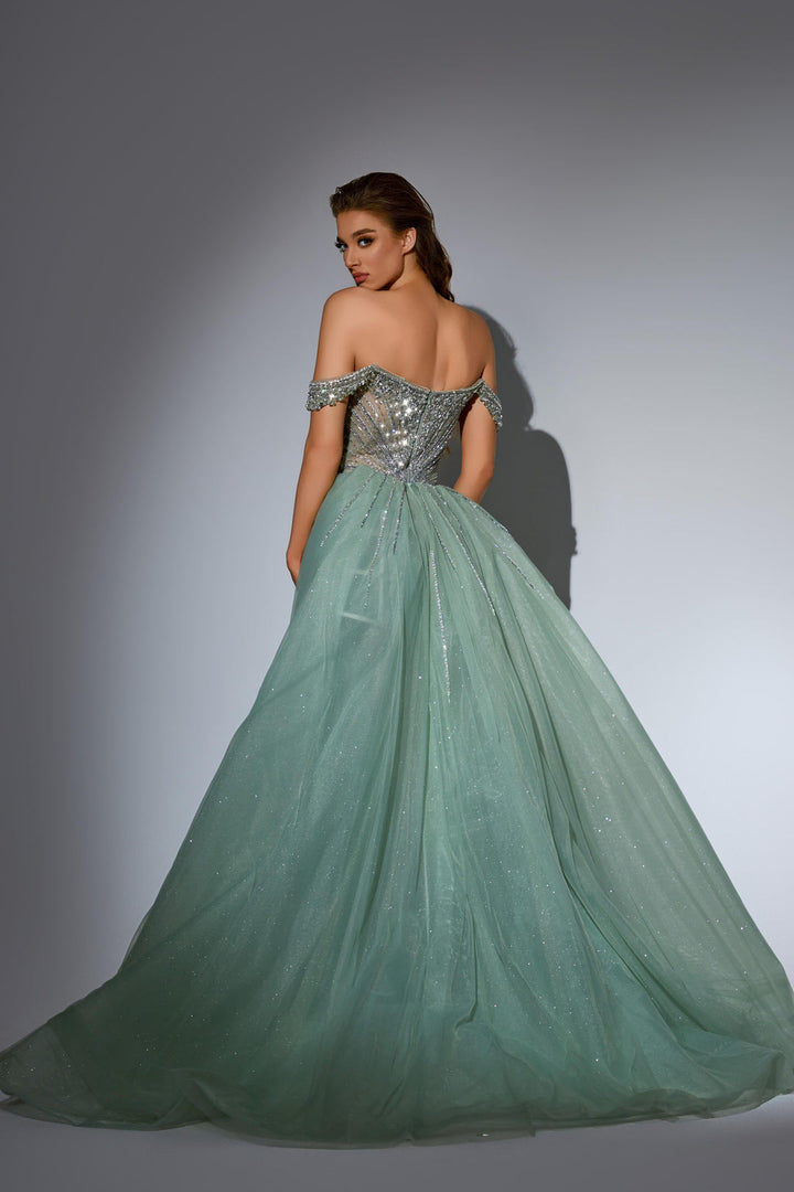 Champagne Glitter Sequin Dress with Off Shoulder Bodice – Embellished Gown with Tulle Overskirt Plus Size