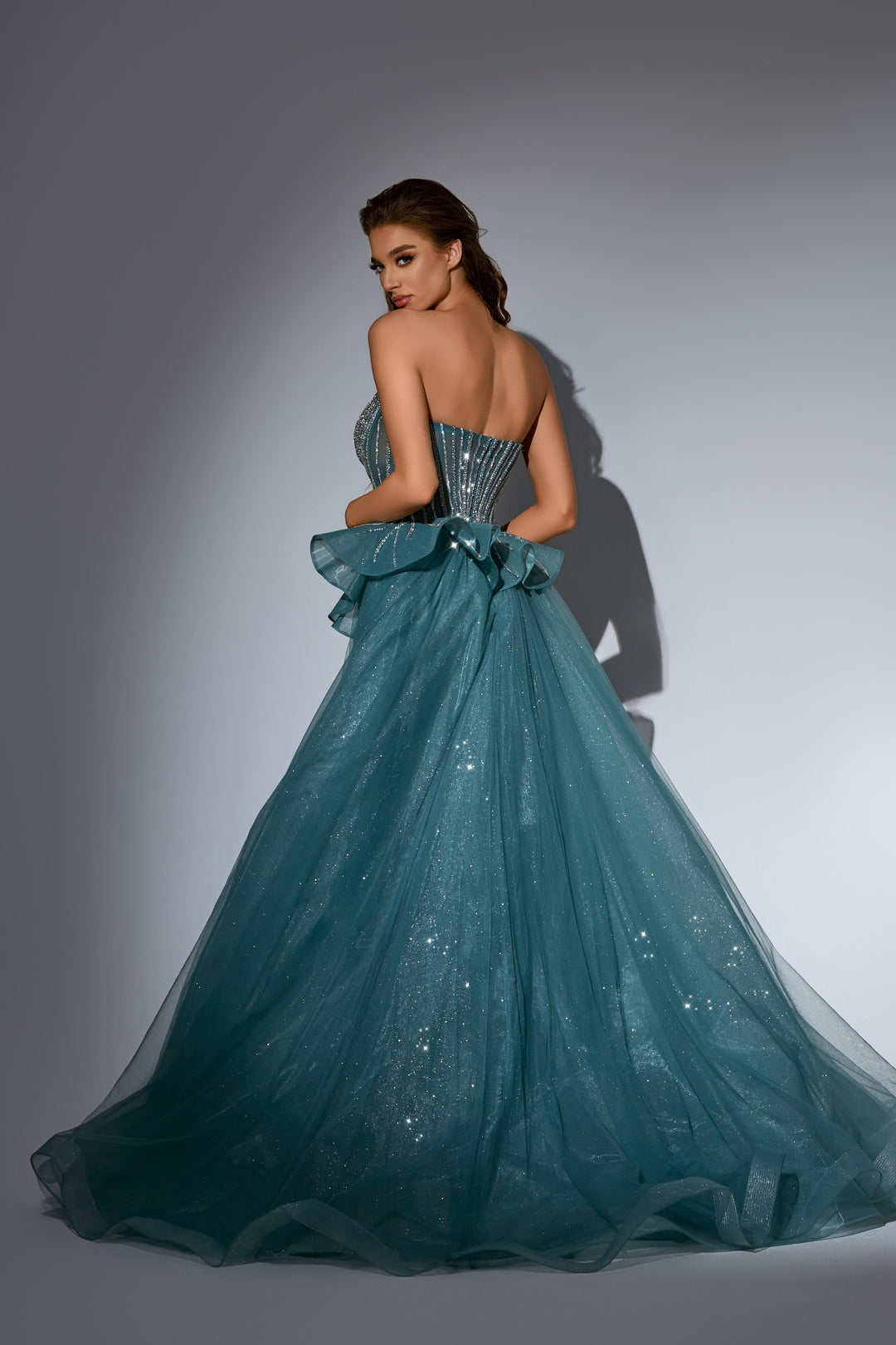 Champagne Sequin Dress with Corset Bodice – Strapless Glitter Dress with Overskirt and Tulle Plus Size