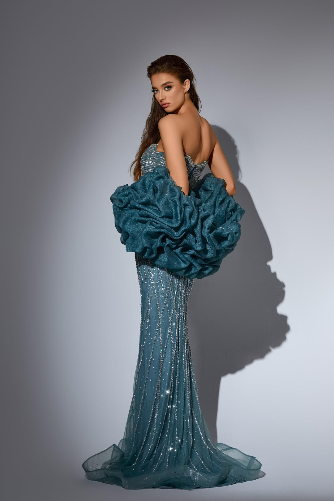 Grey Sequin Dress with Strapless Bodice and Ruffled Sleeves – Glitter Maxi Dress with V-Neck Plus Size