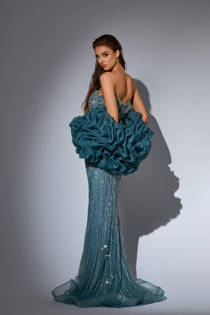 Grey Sequin Dress with Strapless Bodice and Ruffled Sleeves – Glitter Maxi Dress with V-Neck Plus Size