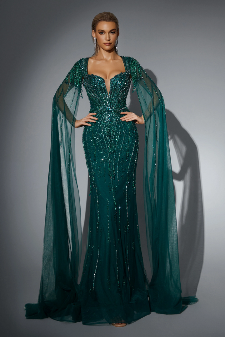 Gothic Emerald Green Sequin Evening Gown with Cape Sleeves - Glitter Maxi Dress - Designer Sequin Gown Plus Size