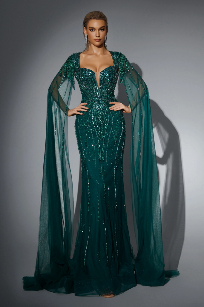 Gothic Emerald Green Sequin Evening Gown with Cape Sleeves - Glitter Maxi Dress
