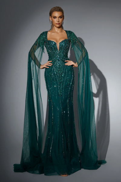 emerald green long dress with sleeves Dark Floor length Mermaid Prom Detachable Train 32/81cm Pippa Long Sleeve Midi Dress