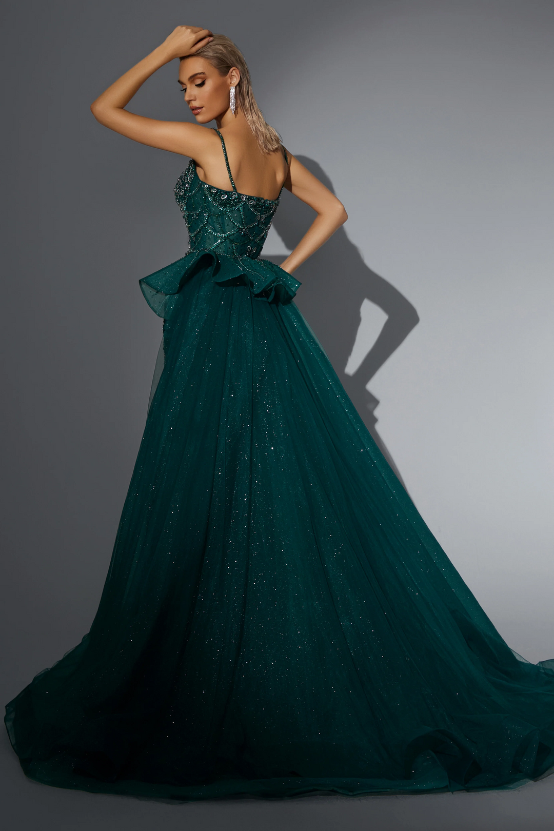 Gothic Emerald Green Sequin Ball Gown with Layered Tulle Skirt - Pretty Sequin Dress - Designer Sequin Gown Plus Size