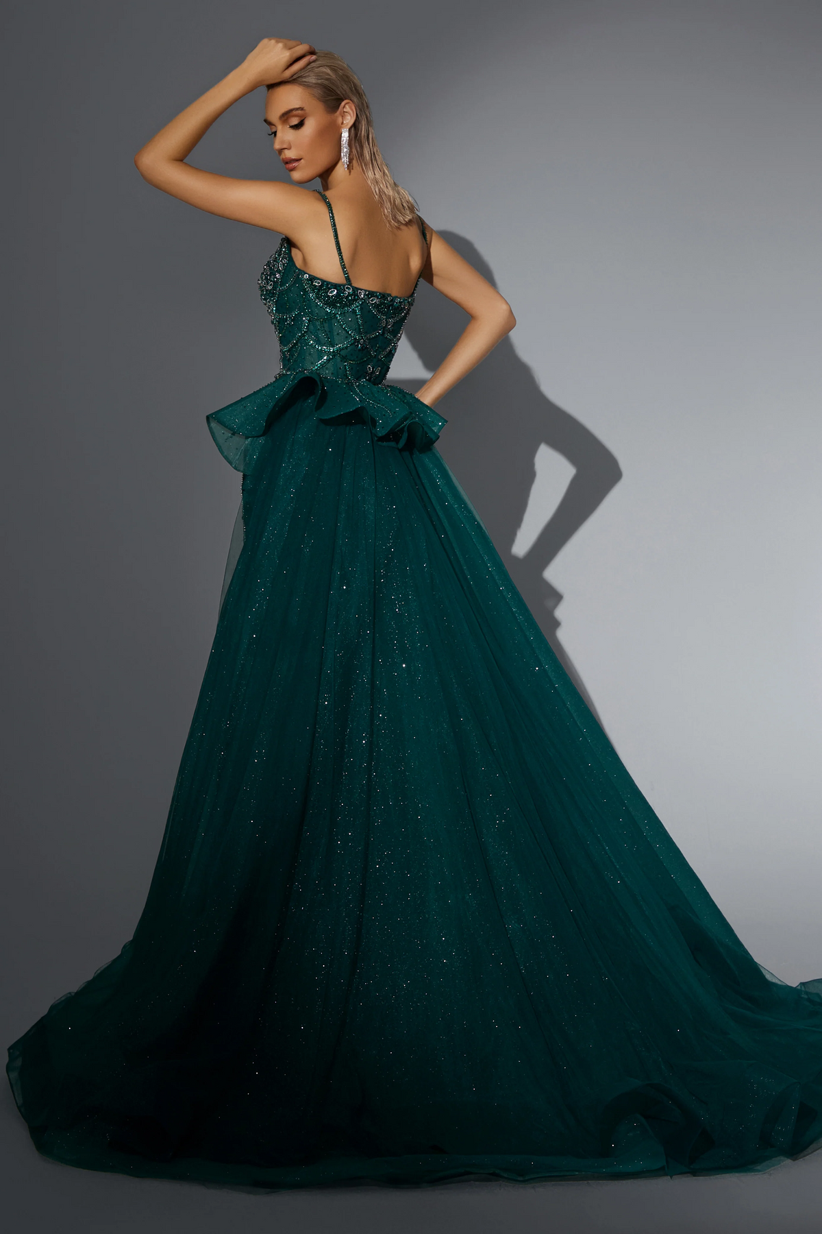 Gothic Emerald Green Sequin Ball Gown with Layered Tulle Skirt
