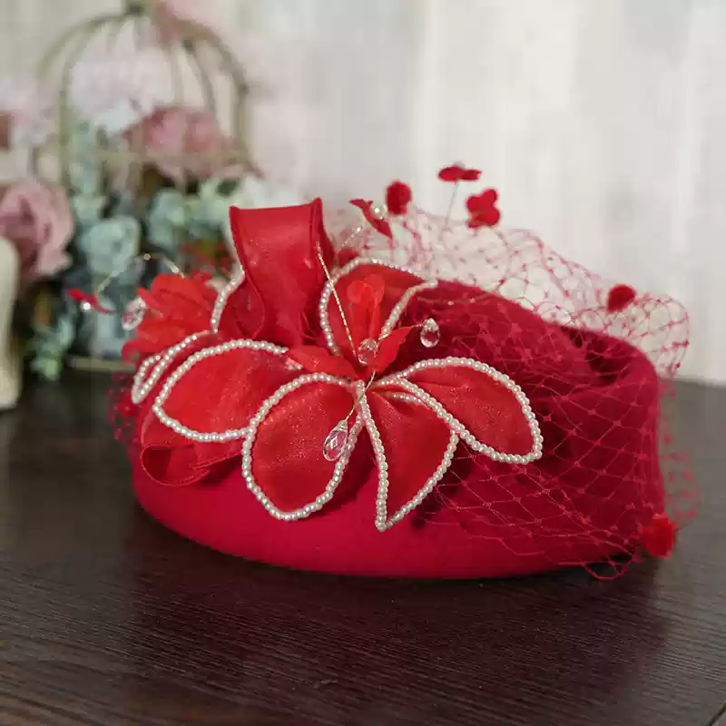 Vintage Inspired Black Pillbox Hat with Beaded Flower and Veil