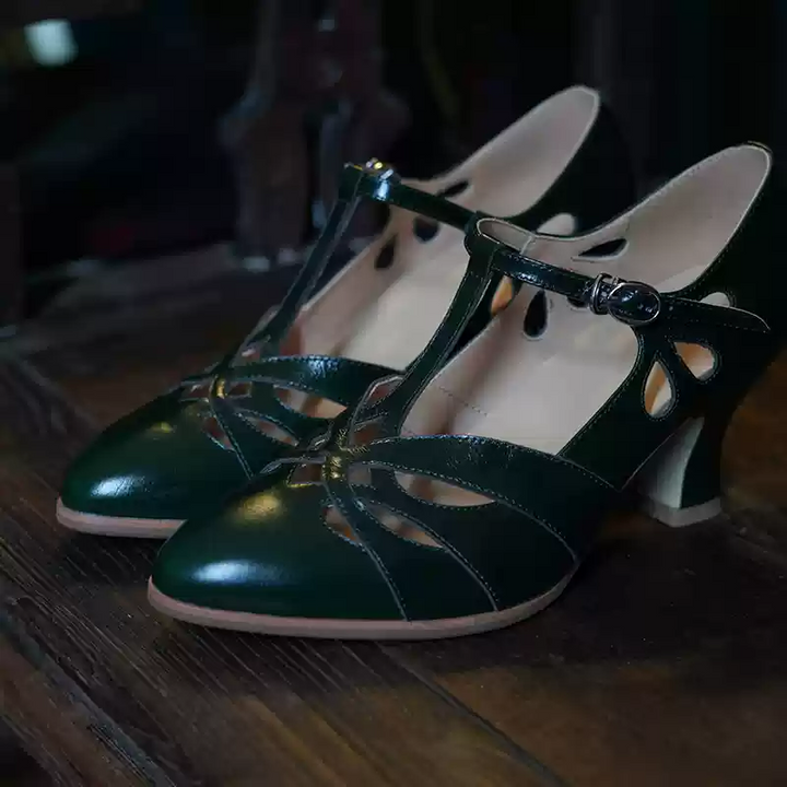 "Dancing Lights" – Handmade White Vintage Leather T-Strap Heels