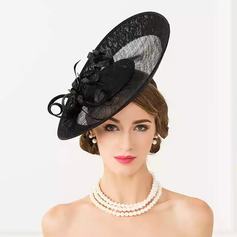 Elegant Linen Hat with Floral Accents - Black Fascinators and Hats