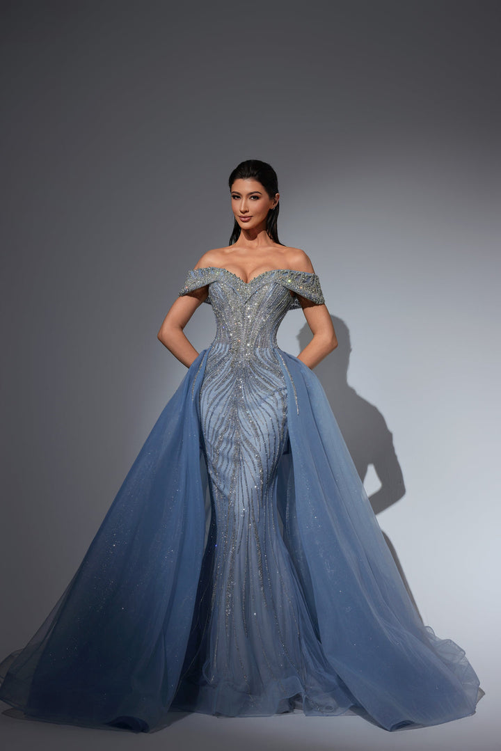 Champagne Sequin Dress with Off Shoulder Bodice and Overskirt – Sequin Ball Gown Plus Size