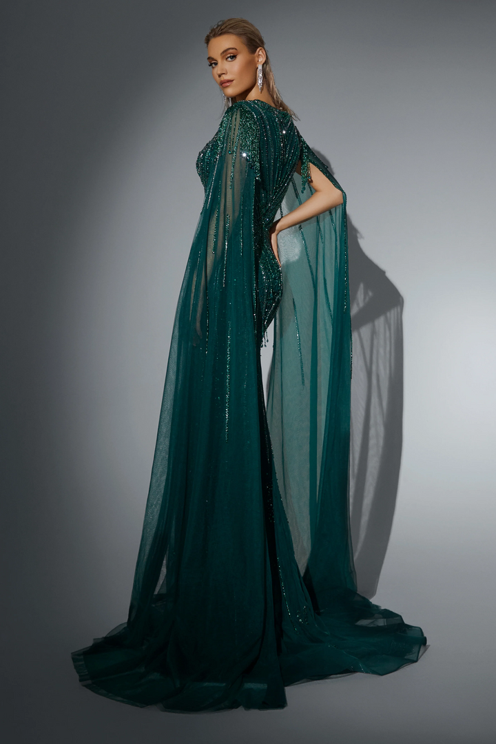 Gothic Emerald Green Sequin Evening Gown with Cape Sleeves - Glitter Maxi Dress - Designer Sequin Gown Plus Size