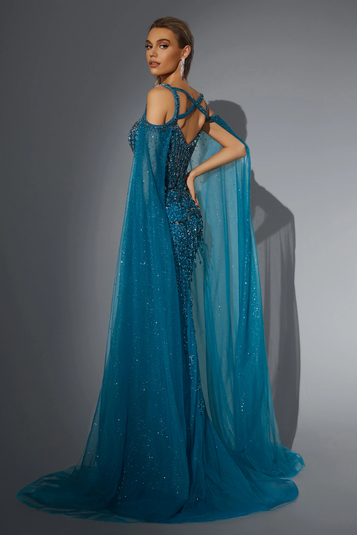 Gothic Royal Blue Prom Dress with Cape Sleeves - Designer Sequin Dress with Cut-Out Back - Sparkly Maxi Dress Plus Size