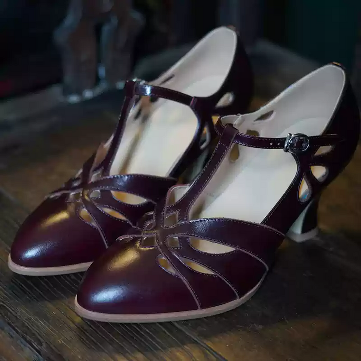 "Dancing Lights" – Handmade White Vintage Leather T-Strap Heels