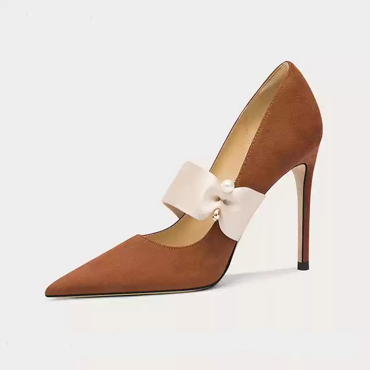 Vintgae Inspired Burnt Orange High Heels with Pearl Accent and Satin Shoe Buckle Strap